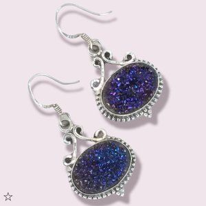 925 Sterling Silver Dangle Drop Earrings Peacock Blue Oval Druzy Fancy Bezel